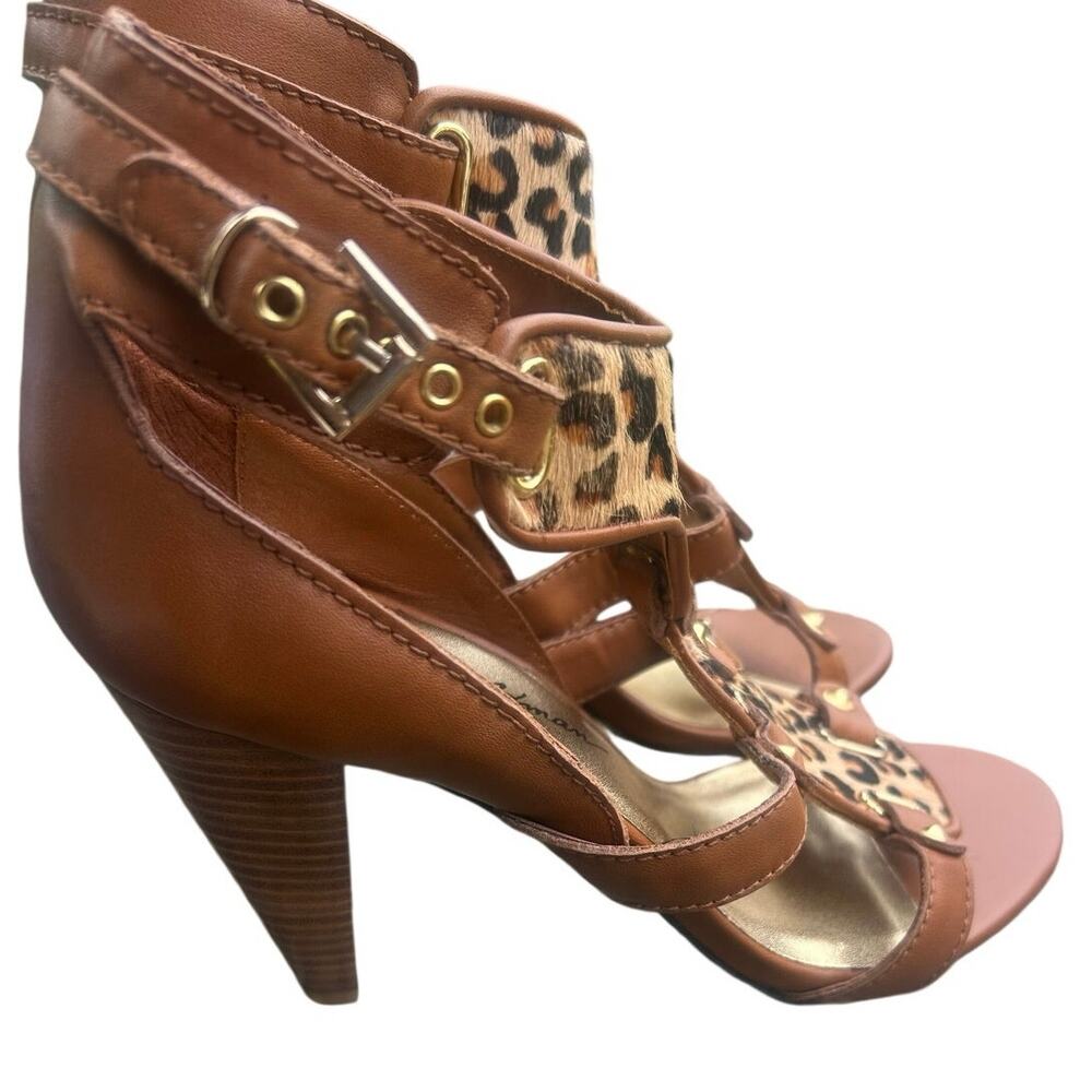 Beverly Feldman Leopard Calf Hair Strappy Heels Brown Gold Y2K Size 8.5M - Picture 6 of 9